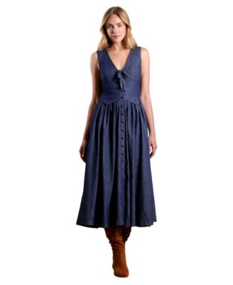 Women's Denim Vest Twofer Sleeveless V-Neck A-Line Midi Dress