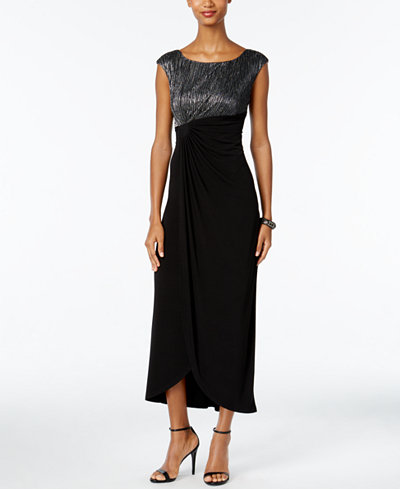 Connected Petite Metallic Faux-Wrap Gown