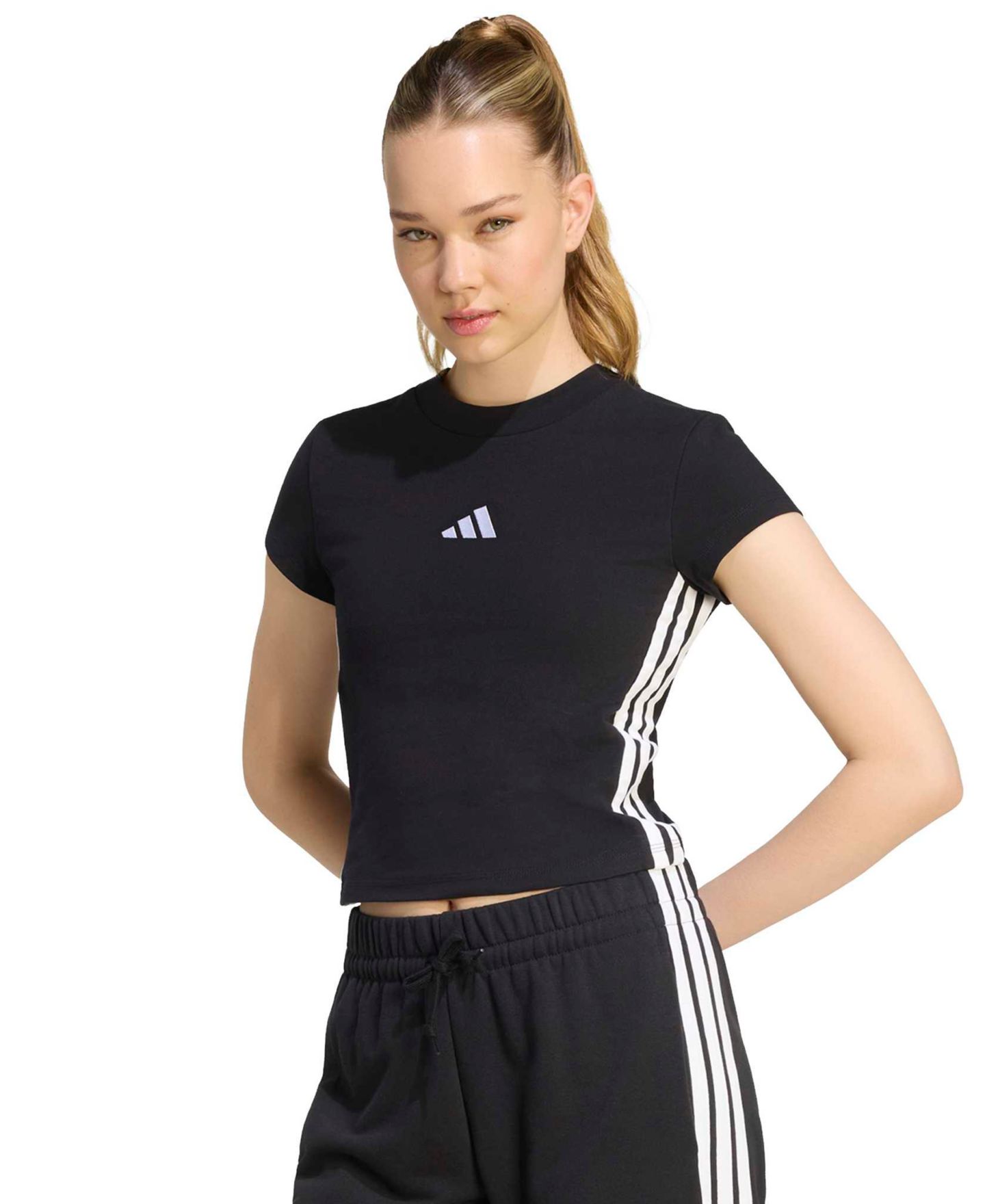 Женская футболка adidas Essentials 3-Stripes Padded Slim Baby Cotton-Blend, цвет: Чёрный / Белый — фото 3