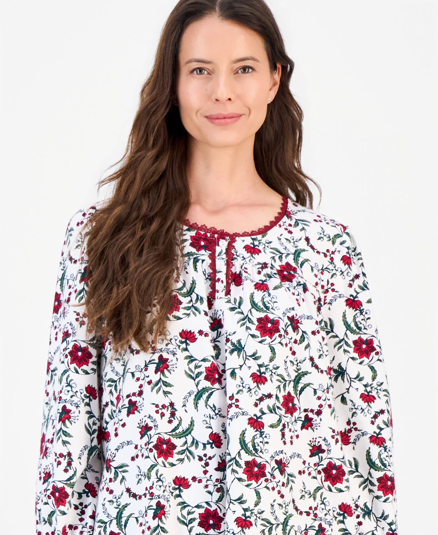 Women's Long-Sleeve Cotton-Blend Scoop-Neck Flannel Chemise