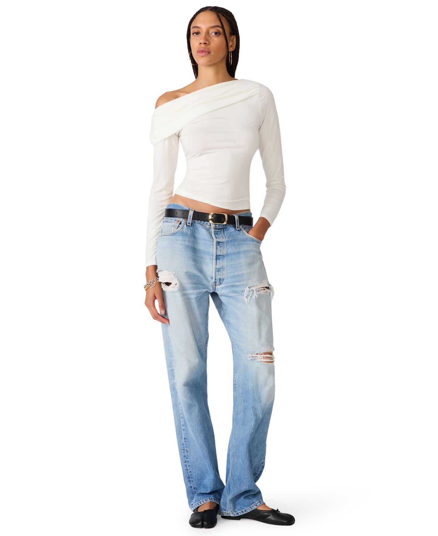 Женский топ Steve Madden Ryder Off-the-Shoulder Ruched Long-Sleeve Knit, цвет: Состаренный кремовый — фото 2