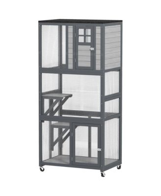 74 inch Wooden Outdoor Cat House Catio on Wheels with 3 Perches