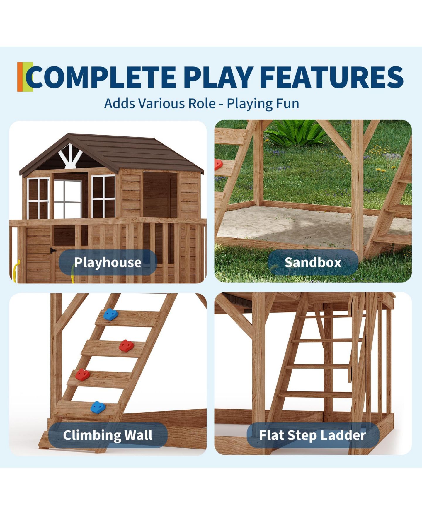 Детская игрушка homfan 2 Story Wooden Playhouse with 2-in-1 Sandbox and Climbing Wall, Ages 3+ — фото 4