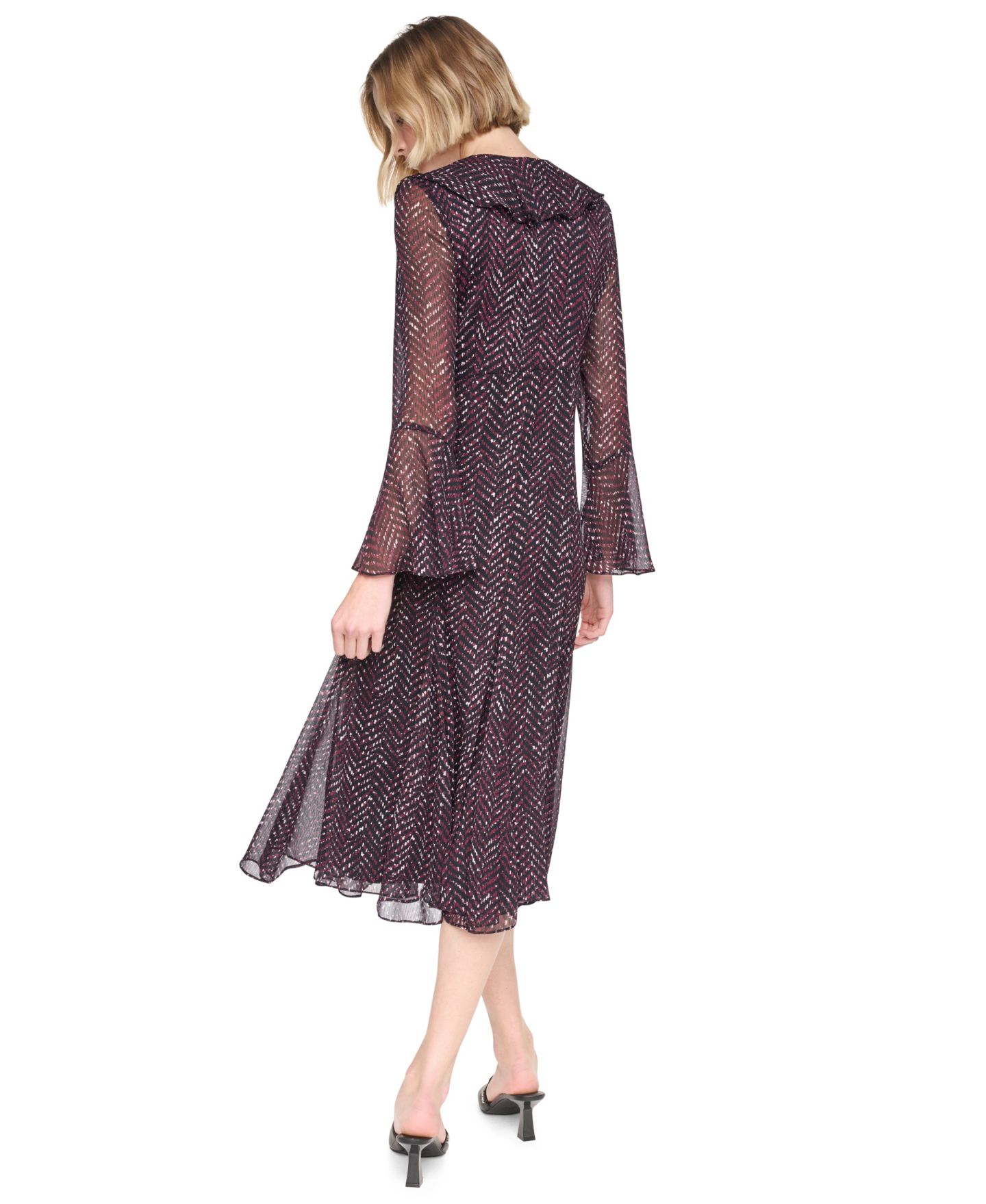 Женское платье DKNY Ruffle Midi V-Neck, цвет: Бордовый разноцветный — фото 5