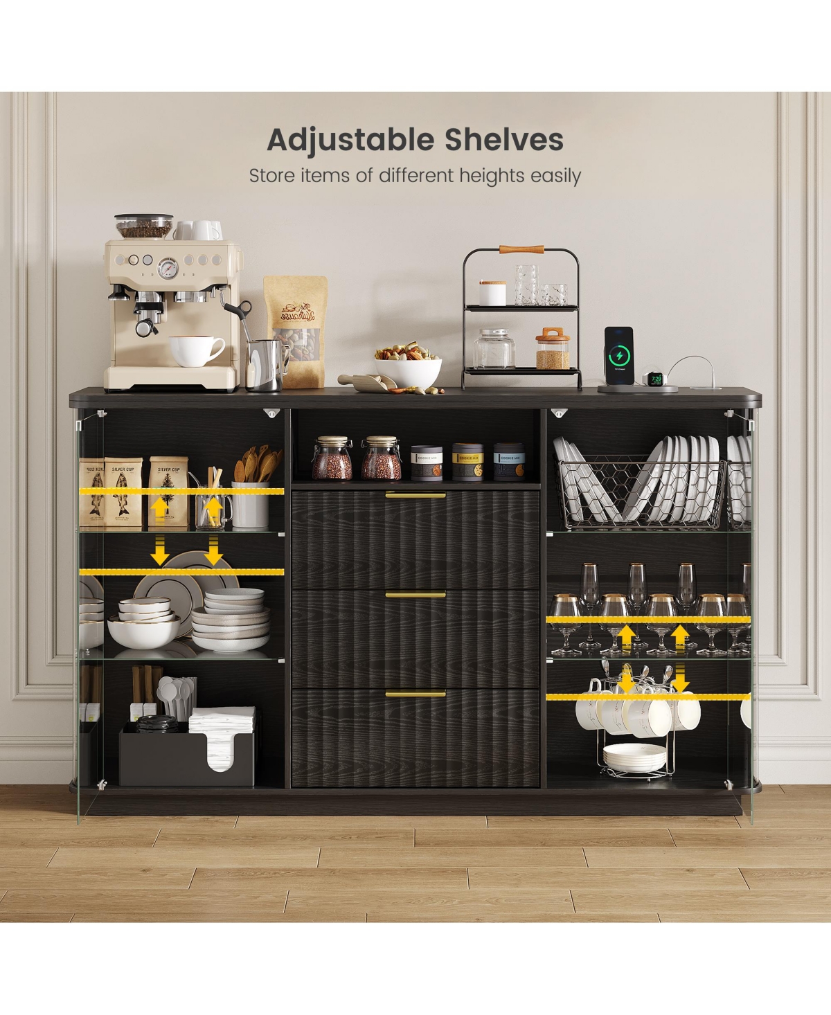 Vlsrka Modern Buffet Cabinet with Wine Storage, Led Lights and Glass Doors