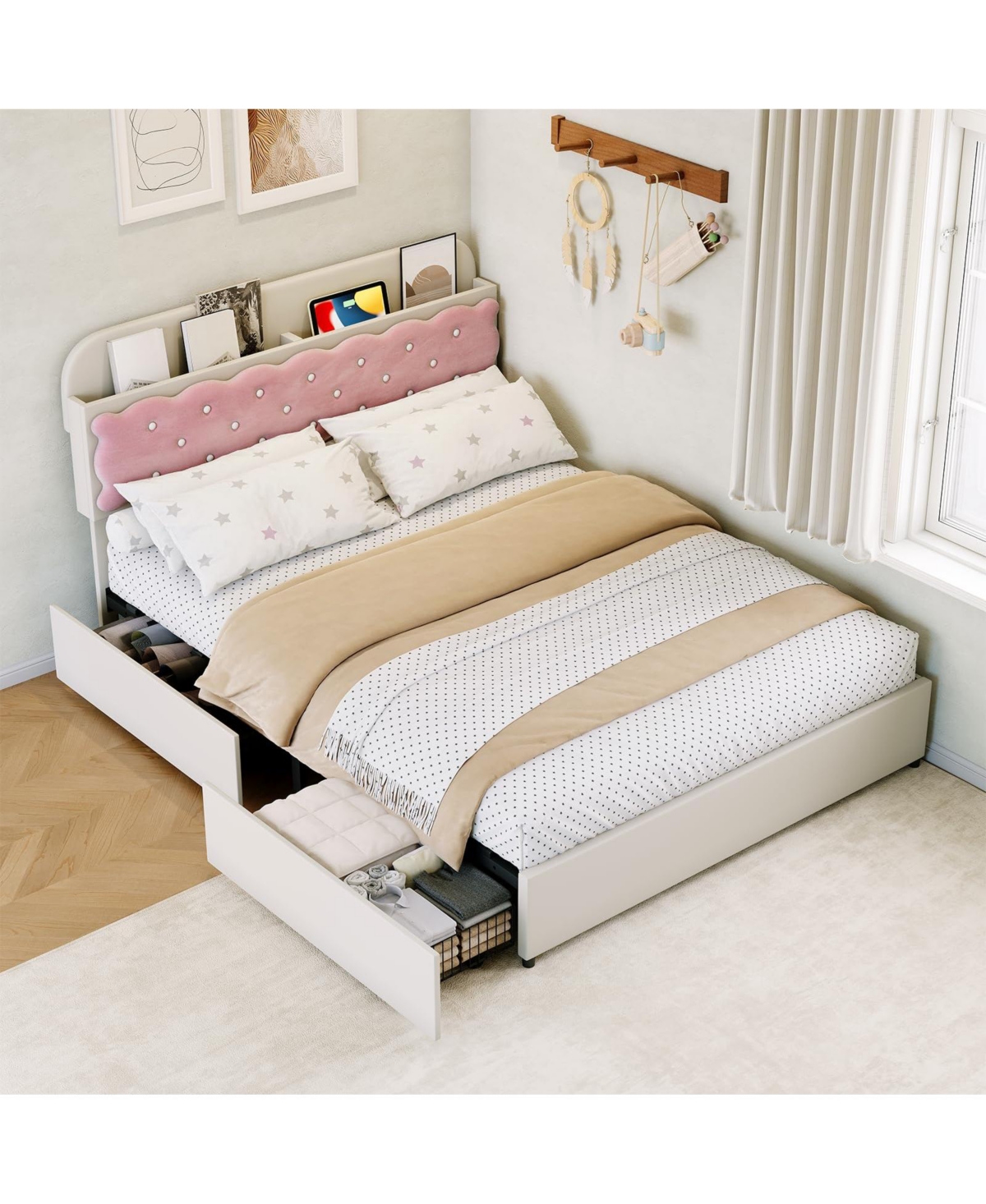 Velvet Upholstered Platform Bed with Biscuit Tufted Storage Headboard, Drawer, Sturdy Wood Slats, No Box Spring Needed