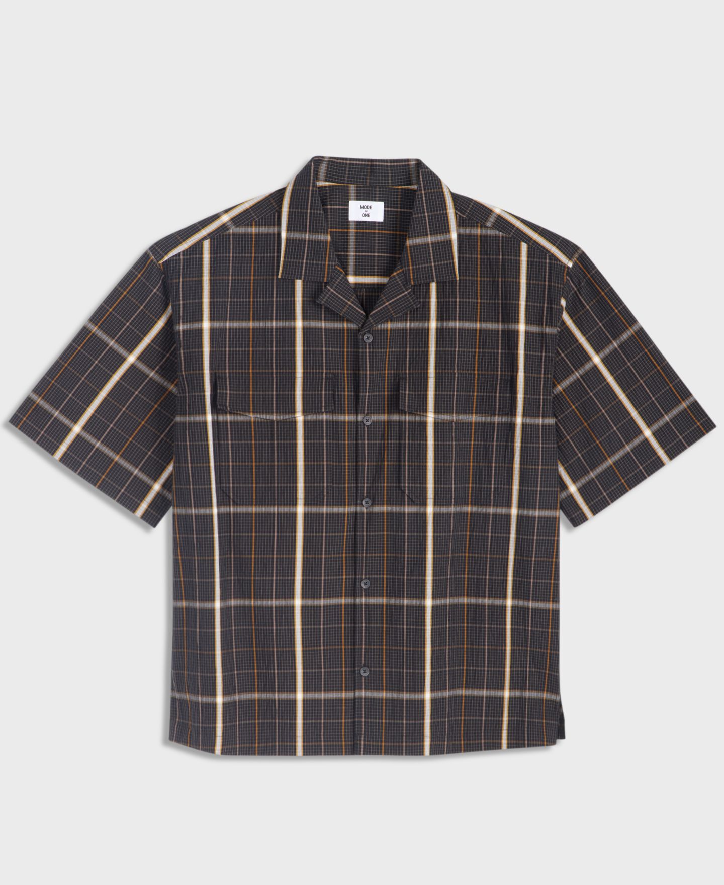 Мужская рубашка Mode of One Plaid Camp-Collar Short-Sleeve, цвет: Чёрный / Шоколадный — фото 5