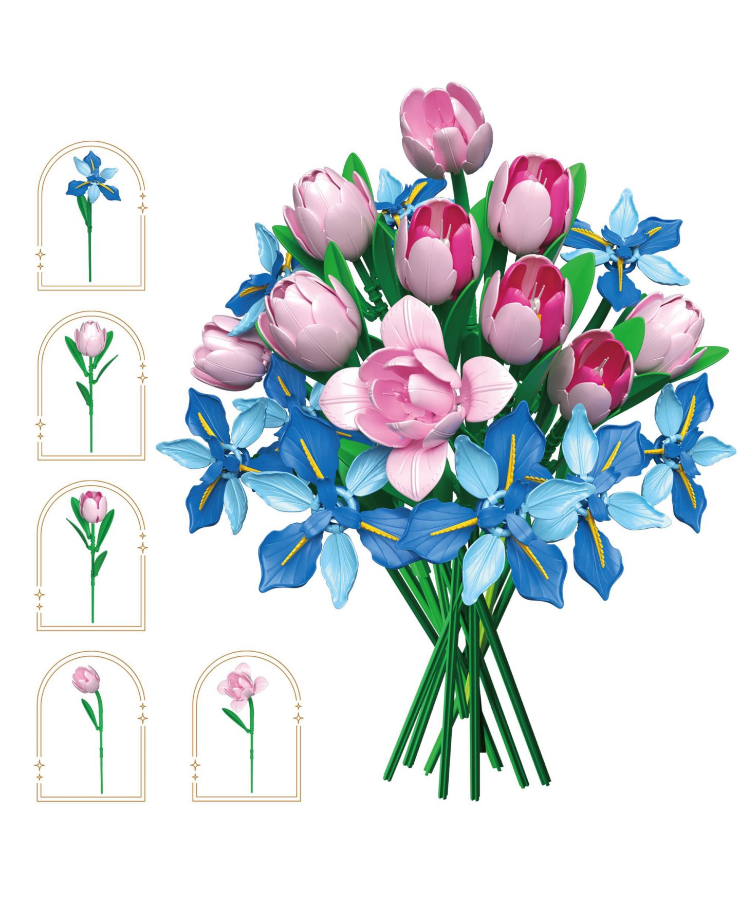 Детский конструктор Contixo BK08 Tulip & Iris Flower Bouquet Building Set, 428-Piece Pink & Blue Floral Brick Kit with Adjustable Stems, Creative Home Décor Gift, Ages 8+, цвет: Розовый / Синий — фото 2