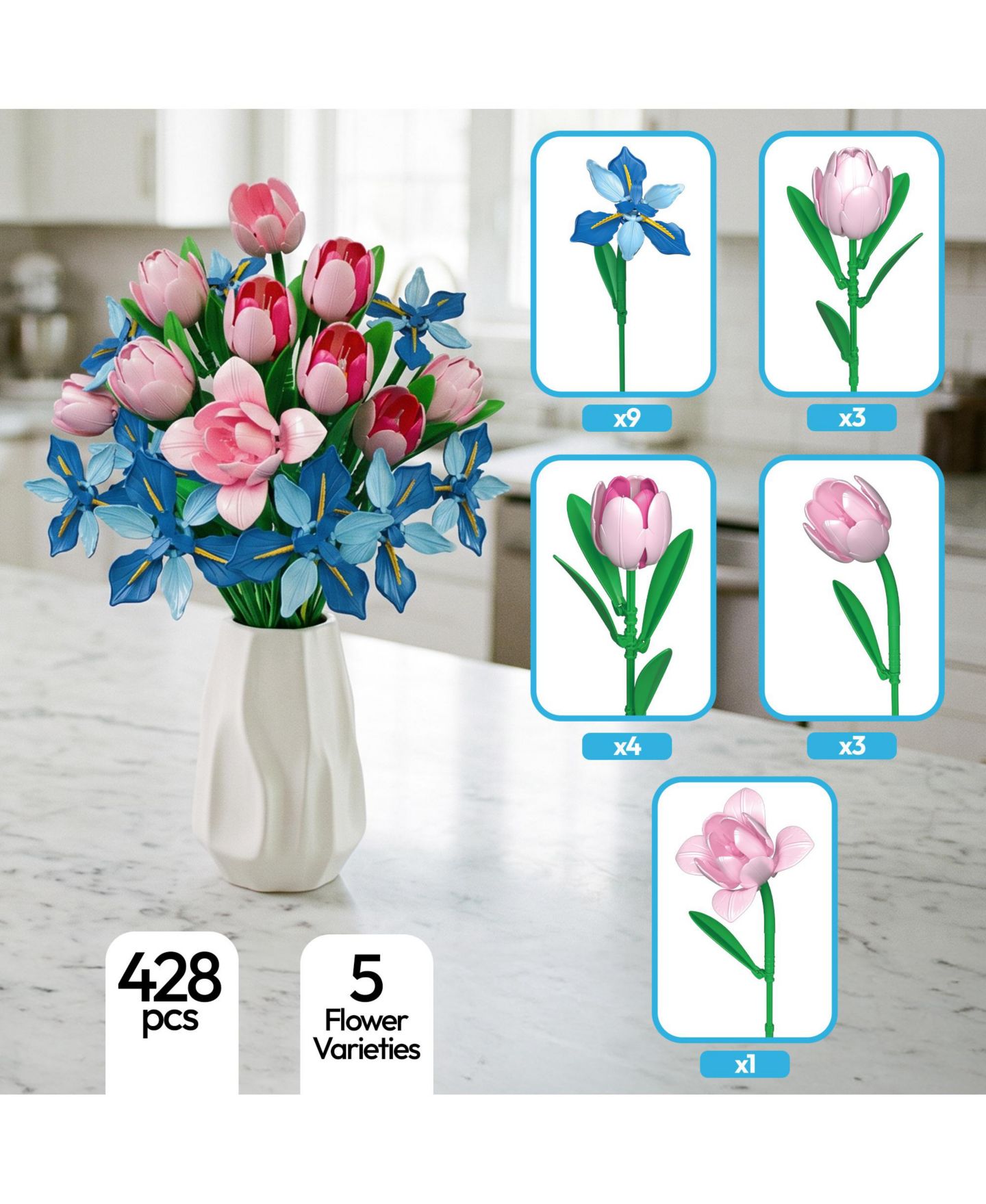 Детский конструктор Contixo BK08 Tulip & Iris Flower Bouquet Building Set, 428-Piece Pink & Blue Floral Brick Kit with Adjustable Stems, Creative Home Décor Gift, Ages 8+, цвет: Розовый / Синий — фото 8