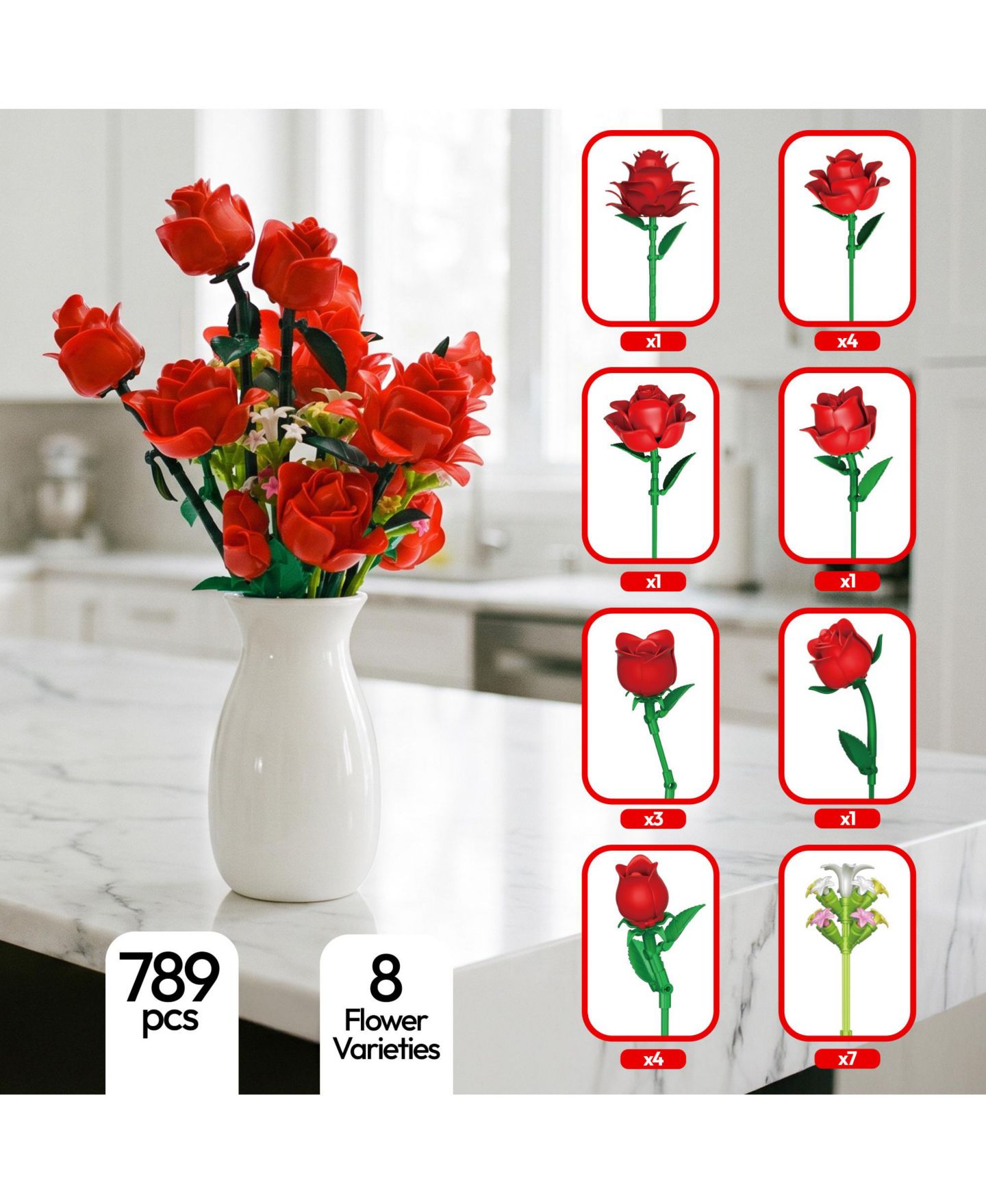 Детский конструктор Contixo BK09 Rose Bouquet Building Set, 789-Piece Red Rose Floral Brick Kit with Adjustable Stems, Romantic Home Décor Gift for Kids & Adults Ages 8+, цвет: Красный — фото 3