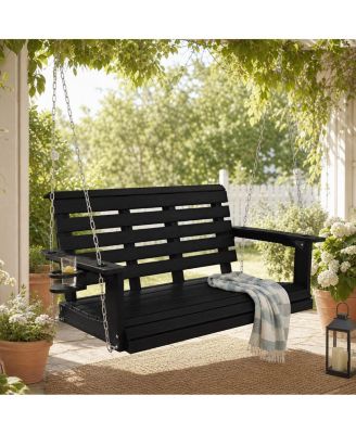 4ft All-Weather HIPS Outdoor Porch Swing, Heavy-Duty Hanging Patio Bench with Foldable Cup Holders and Stainless Steel Hardware