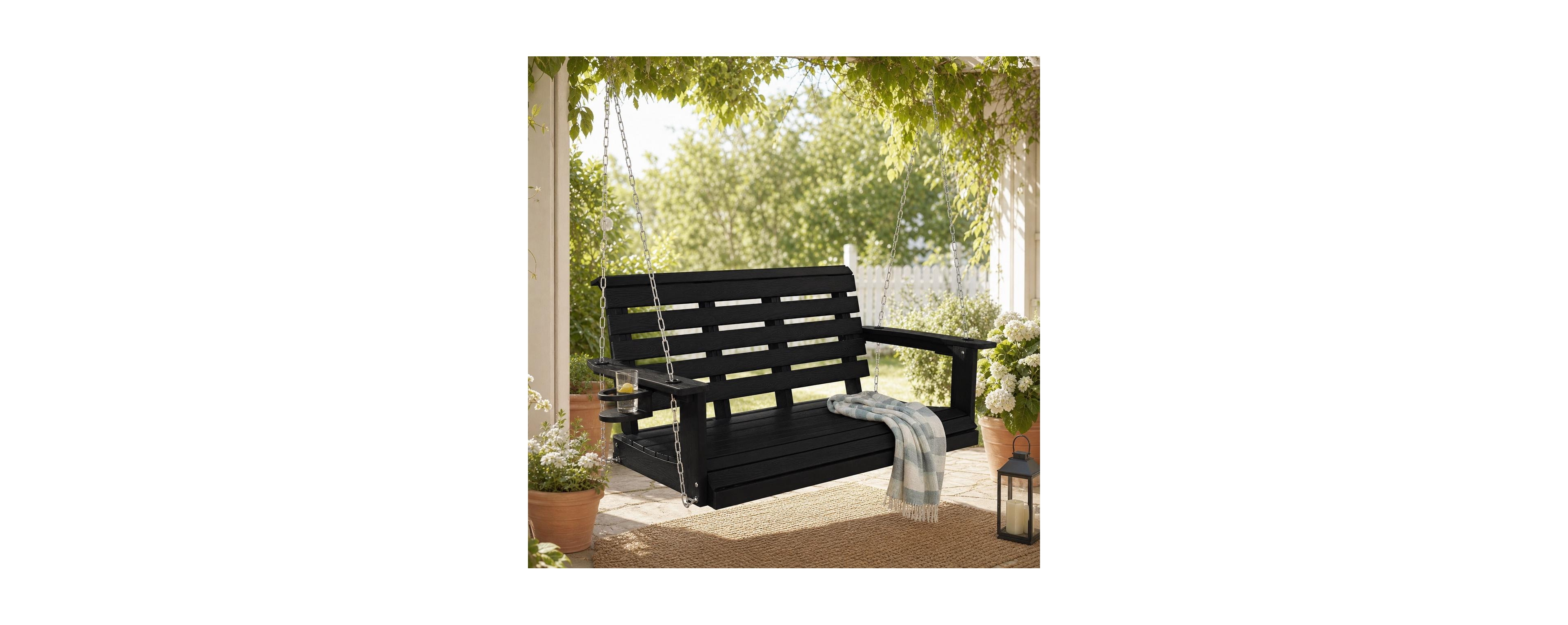 Innovaze 4ft All-Weather Hips Outdoor Porch Swing, Heavy-Duty Hanging Patio Bench with Foldable Cup Holders and Stainless Steel Hardware