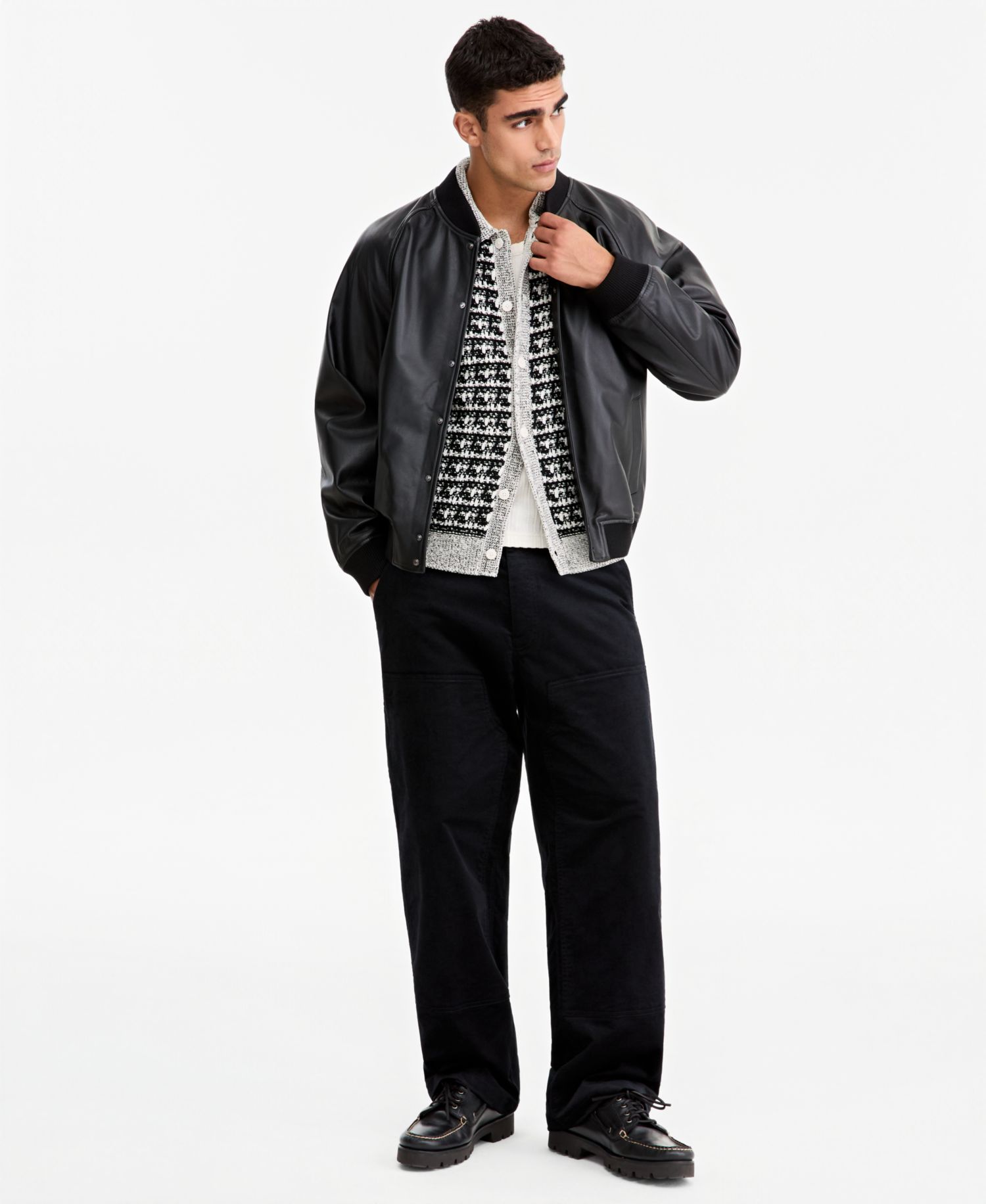 Men's Relaxed-Fit Ribbed Leather Bomber Jacket