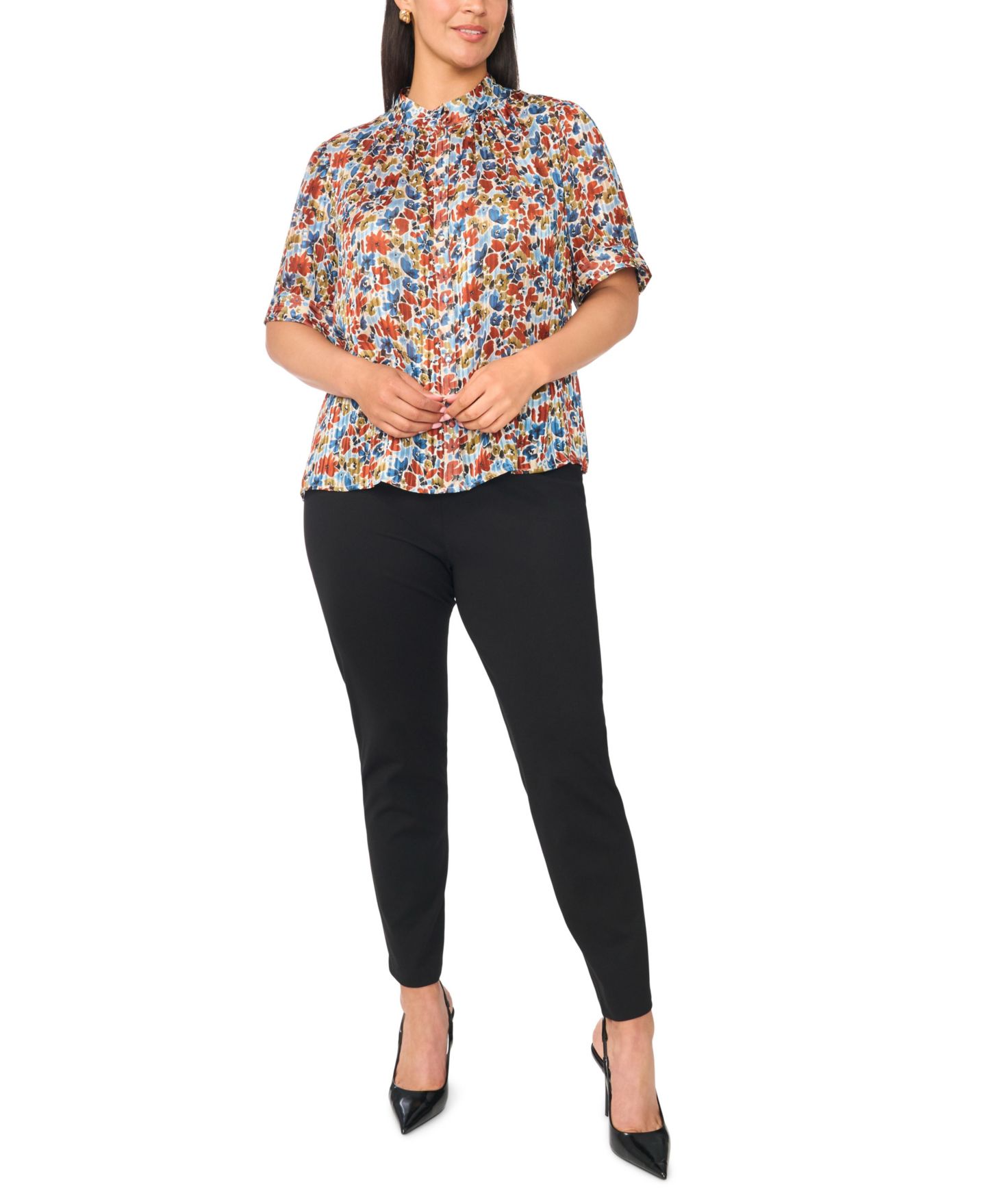 Женская блузка Vince Camuto Plus Size Floral Short Puff-Sleeve Mock-Neck Blouse, цвет: Джинсовый тёмно-синий — фото 2