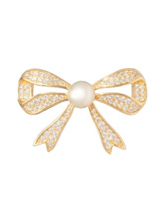 Cultured Freshwater Pearl (6.5-7mm) & Cubic Zirconia Pin Brooch in 18k Gold Over Sterling Silver