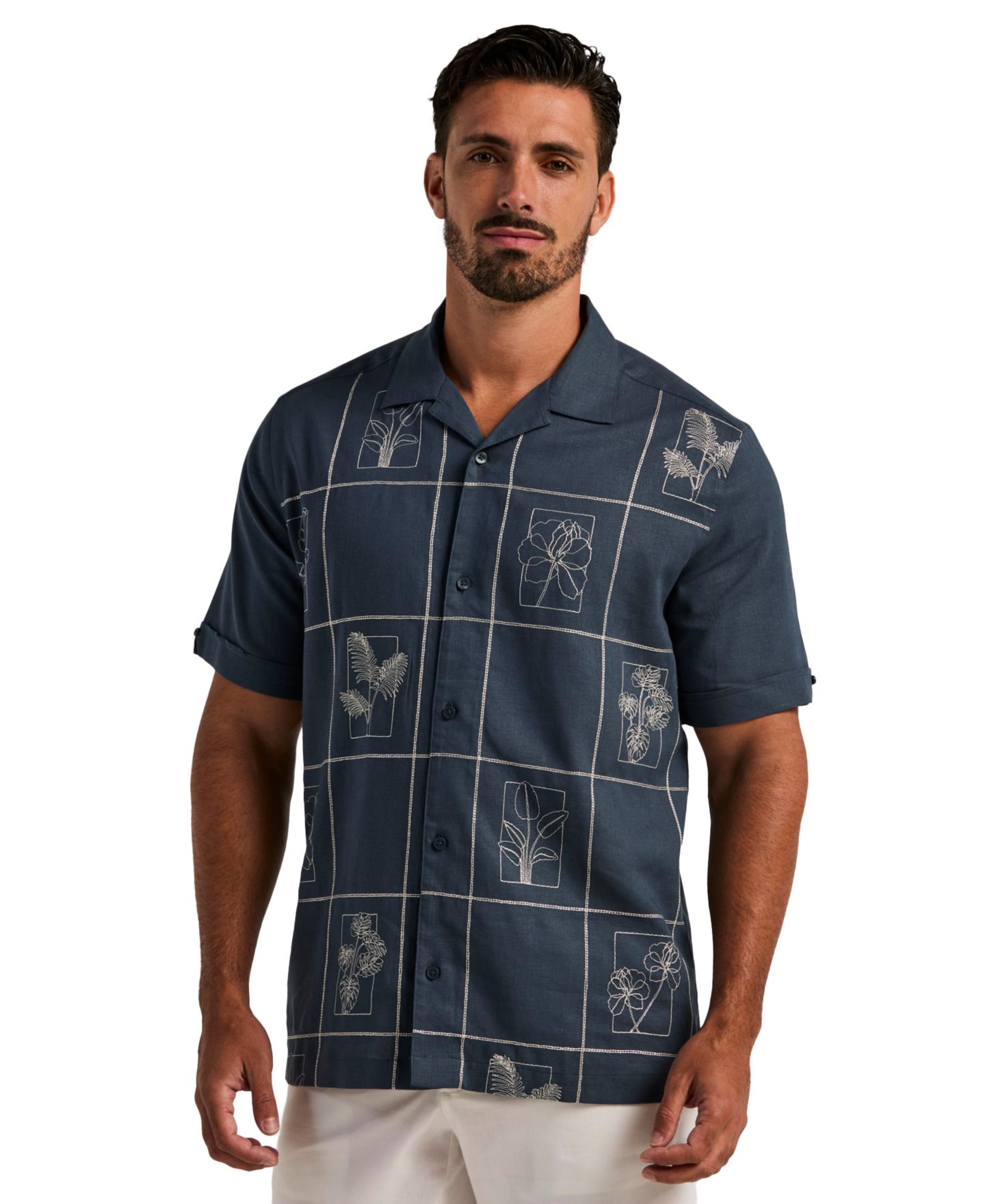 Мужская рубашка Cubavera Linen Blend Embroidered Guayabera, цвет: Big Dipper — фото 1