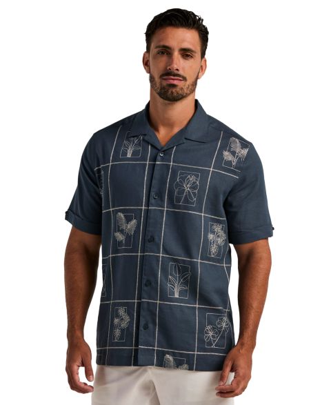Мужская рубашка Cubavera Linen Blend Embroidered Guayabera, цвет: Big Dipper