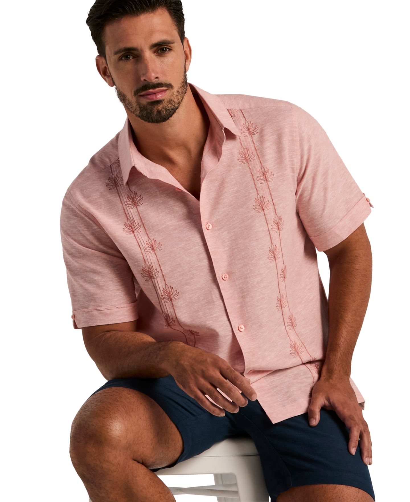 Мужская рубашка Cubavera Linen Blend Floral Embroidered, цвет: Розовый — фото 3