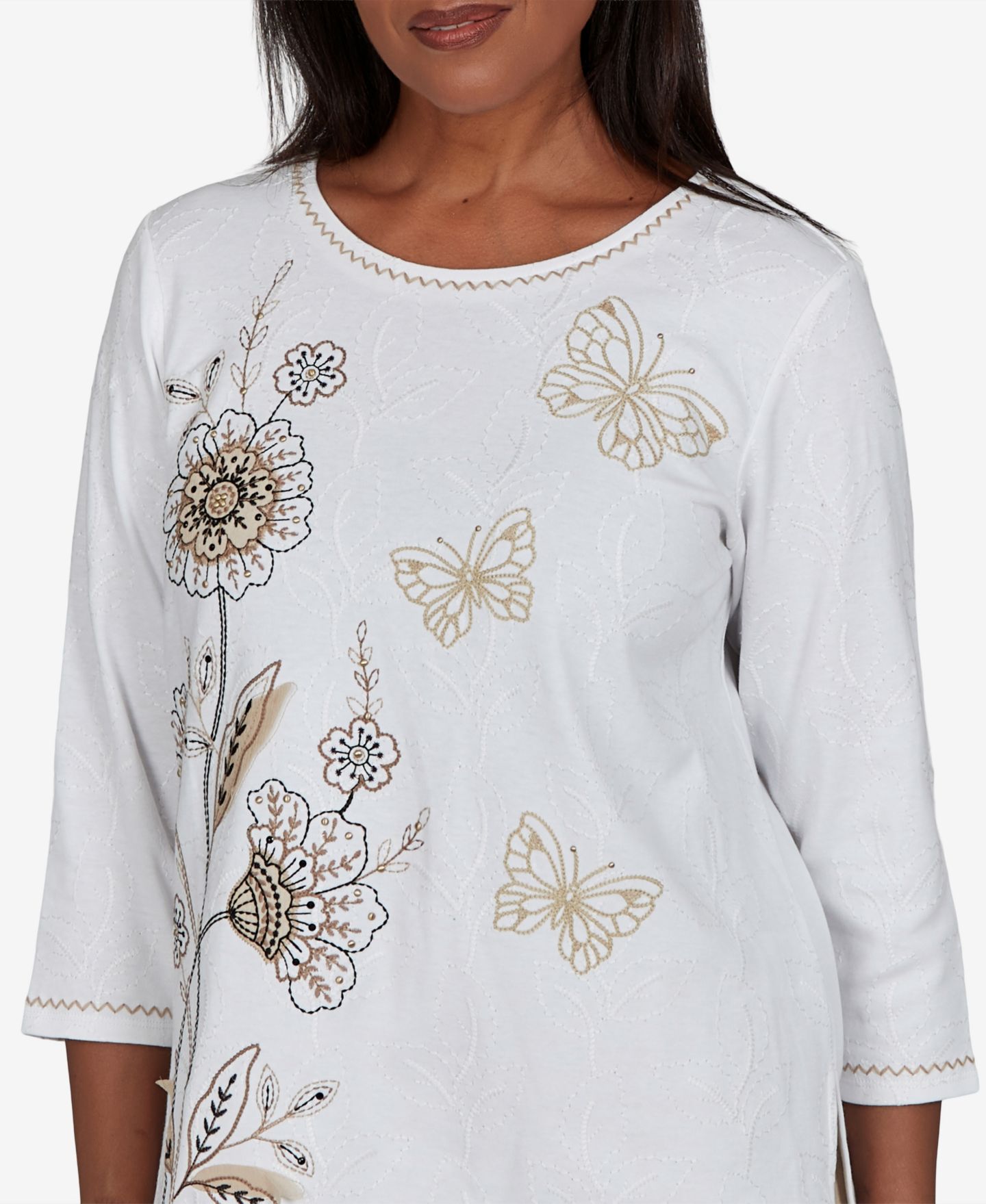 Женский топ Alfred Dunner Petite Floral Embroidered 3/4-Sleeve, цвет: Слоновая кость — фото 4