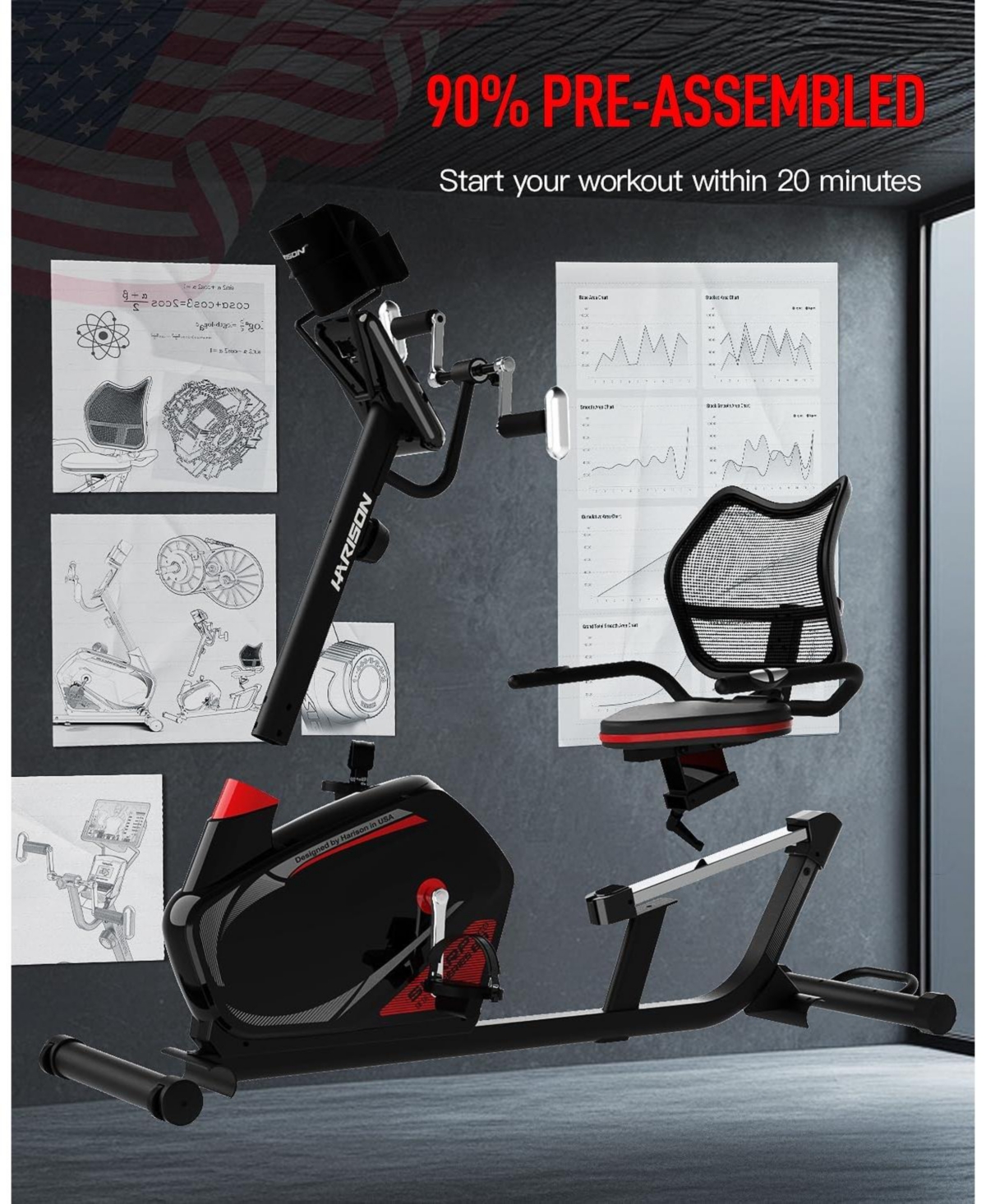 harison Hr-B8A Recumbent Exercise Bike 400 lb Capacity with Arm Exerciser, Magnetic 16-Level Resistance, 2-in-1 Lcd Monitor and Tablet Holder