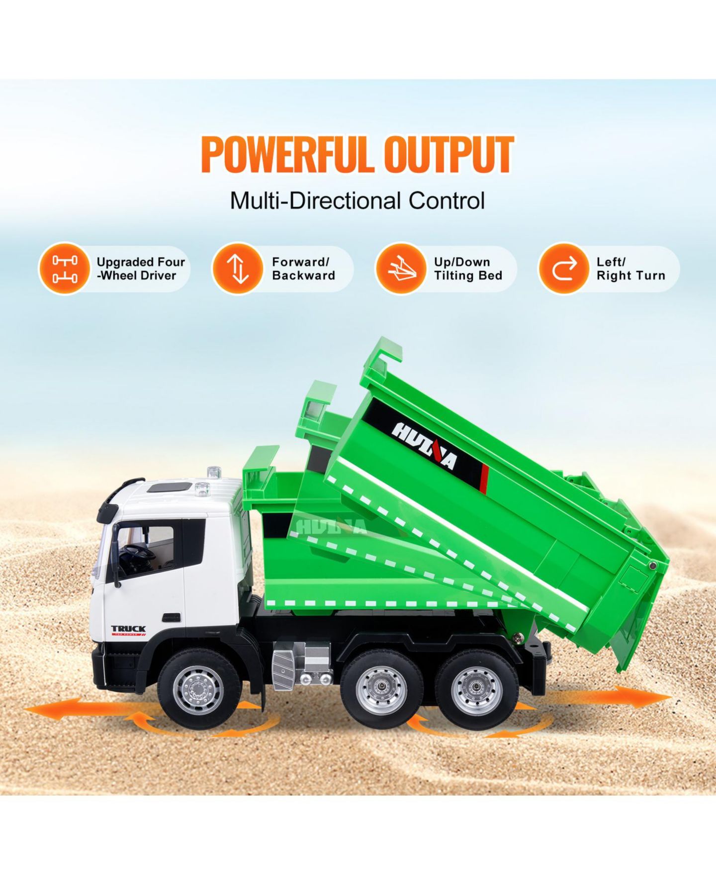 Детская игрушка SEVORLEY 1:18 Scale 9-Channel 4WD Remote Control Dump Truck, цвет: Зелёный / Белый — фото 6