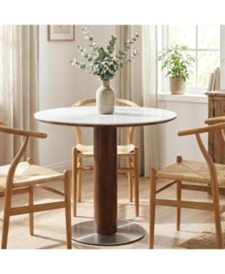 31.5" Solid Wood Dining Table, Round Dinner Table with Sintered Stone Top and Steel Pedestal, Mid Century Modern Bistro Table