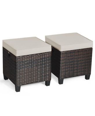 2 Piece Patio Rattan Ottoman Cushioned Seat Foot Rest Coffee Table