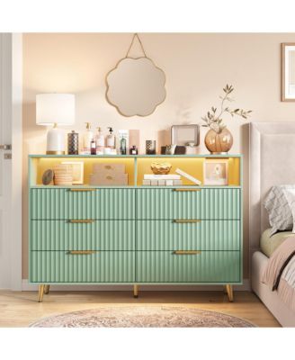 Modern 6 Drawer Fluted Dresser with LED Lights and Charging Station, Wide Storage Cabinet with Handles, Luxury Chest for Bedroom or Living Room