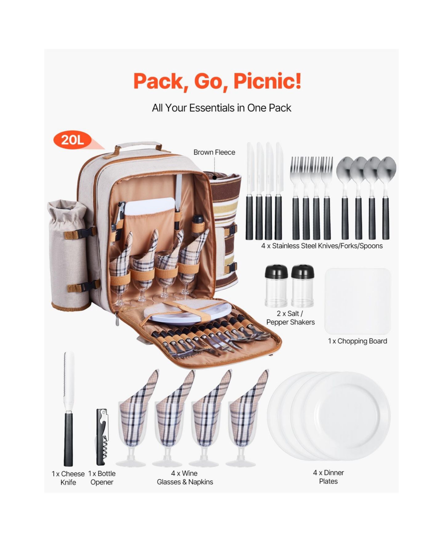 Женские сумки SEVORLEY Picnic Backpack for 4 with Insulated Cooler, Blanket, Plates and Cutlery Set, 20 L, цвет: Бежевый — фото 5