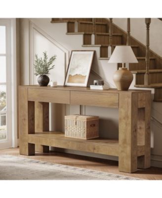 63-Inch Console Table with 2 Hidden Drawers, Farmhouse Wooden Sofa Table with Storage Shelf for Living Room, Entryway, Hallway, Entrance