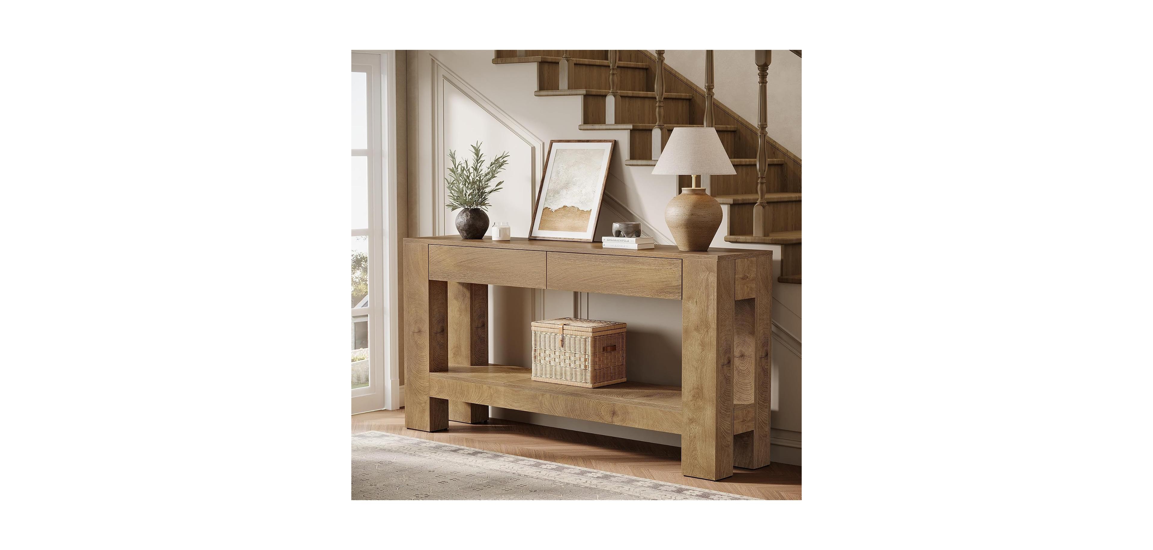 Tribesigns 63-Inch Console Table with 2 Hidden Drawers, Farmhouse Wooden Sofa Table with Storage Shelf for Living Room, Entryway, Hallway, Entrance