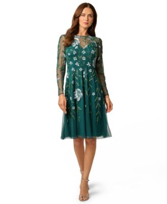 Women's Beaded-Sequin Floral-Print Long-Sleeve Midi Dress