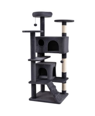 52 Inch Cat Tree Tower with Dual Hideaway Caves Padded Perches and Sisal Posts