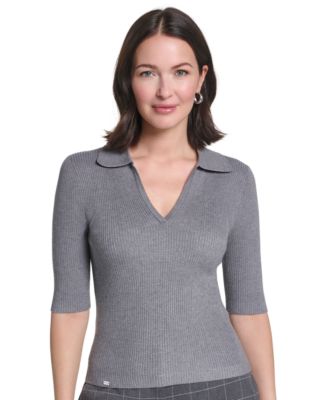 Women's Collared 3/4-Sleeve Ribbed-Knit Top
