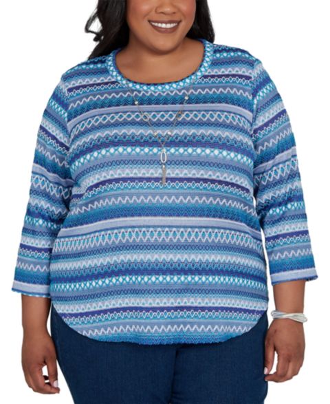 Женский топ Alfred Dunner Plus Size Classic Textured Stripe Knit with Necklace, цвет: Синий