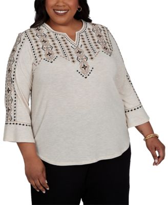 Plus Size Women's Travel Advisory 3/4-Sleeve Geometric-Embroidered Printed-Back Top