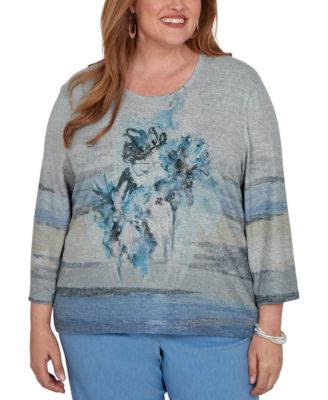Plus Size Provence Painted-Floral 3/4-Sleeve Lace Blouse