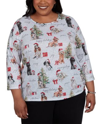 Plus Size Classic Gift Giving Dogs Holiday 3/4-Sleeve Knit Top