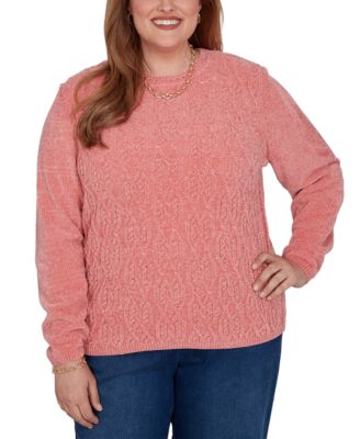 Plus Size Cable-Knit Chenille Crewneck Long-Sleeve Pullover Sweater