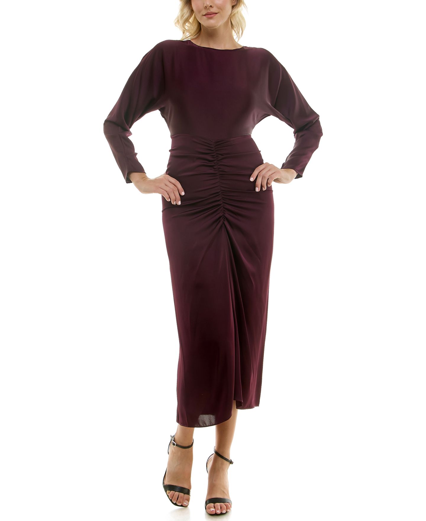 Женское платье Taylor Ruched Satin Dolman-Sleeve Midi, цвет: Сангрия — фото 2