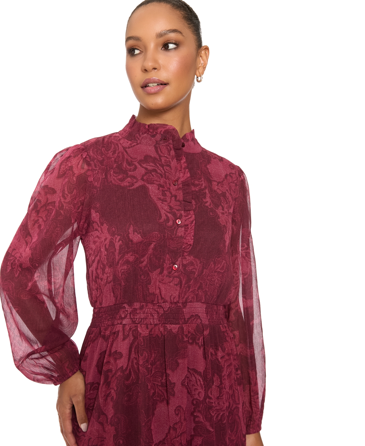 London Times Petite Floral-Tiered Long-Sleeve Dress