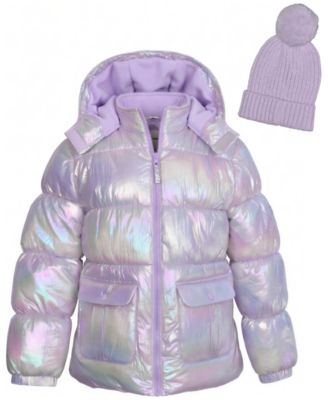 Girls' 5-16 Iridescent Puffer Jacket with Knit Hat, 2-Piece Set