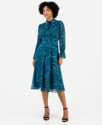 Women's Paisley-Print Long-Sleeve Tie-Neck Midi Dress