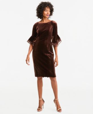 Women's Velvet Bell-Sleeve Mesh-Trim Dress