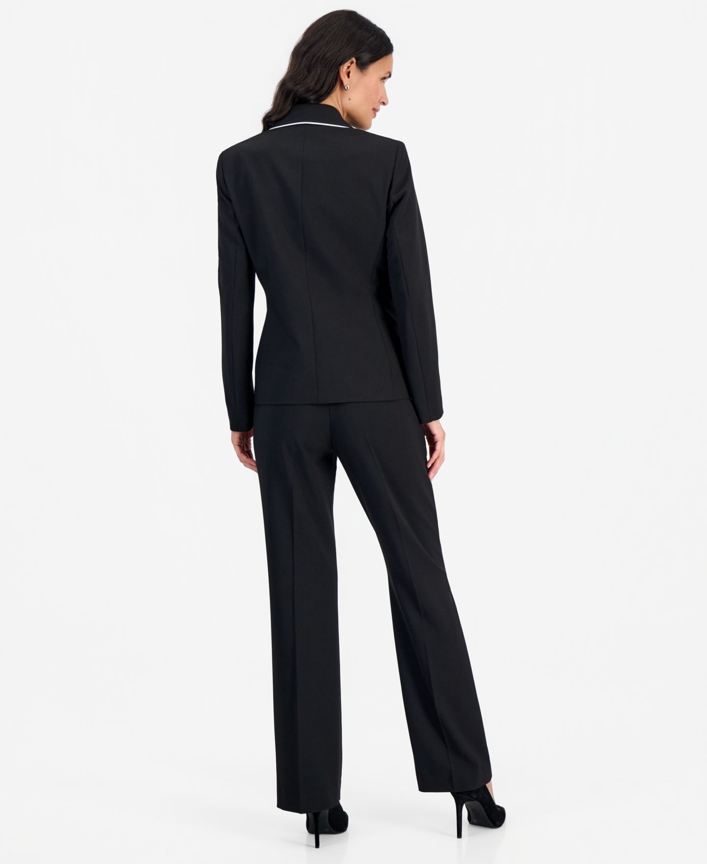 Женский комплект Le Suit Petite Kate Two-Button Contrast Piping Jacket and Pants, 2-Piece Suit, цвет: Чёрный / Ванильный ледяной — фото 8
