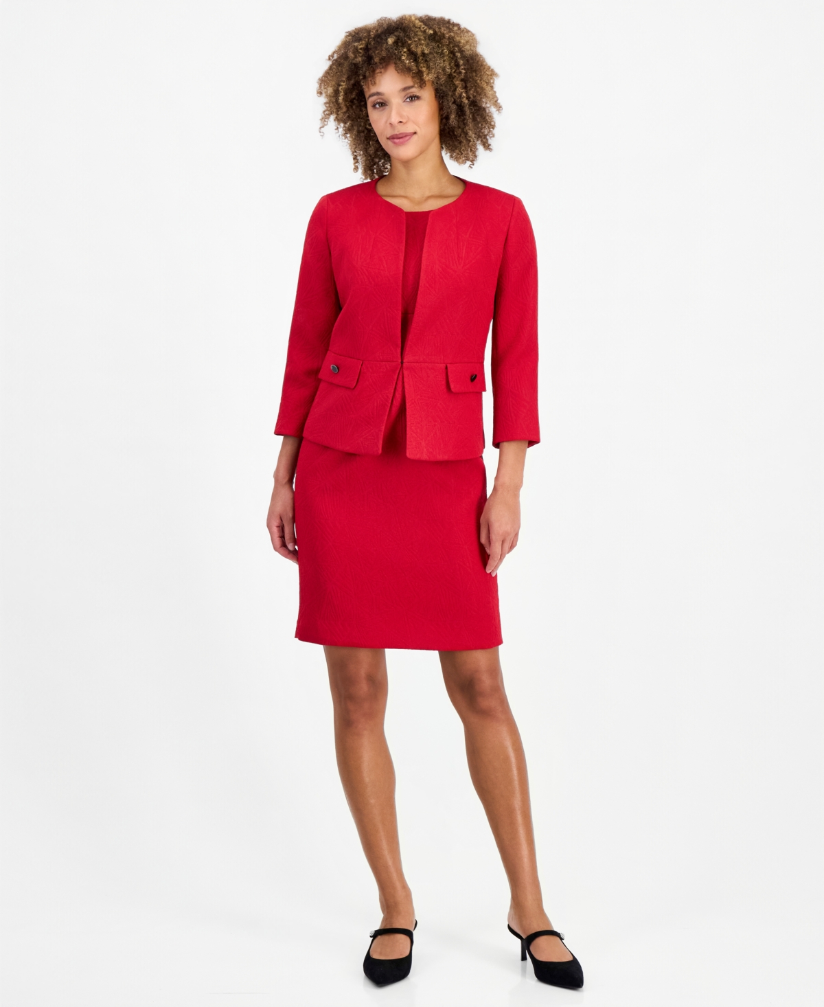 Le Suit Women's Jacquard Sheath Cardigan And Dress, 2-piece Suit In Cherry