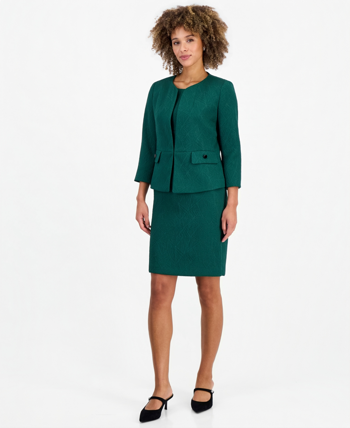 Le Suit Women's Jacquard Sheath Cardigan And Dress, 2-piece Suit In Emerald