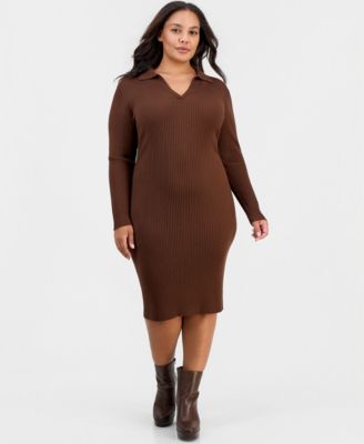 Plus Size Long-Sleeve Bodycon Polo Collar V-Neck Rayon-Polyester Blend Midi Dress