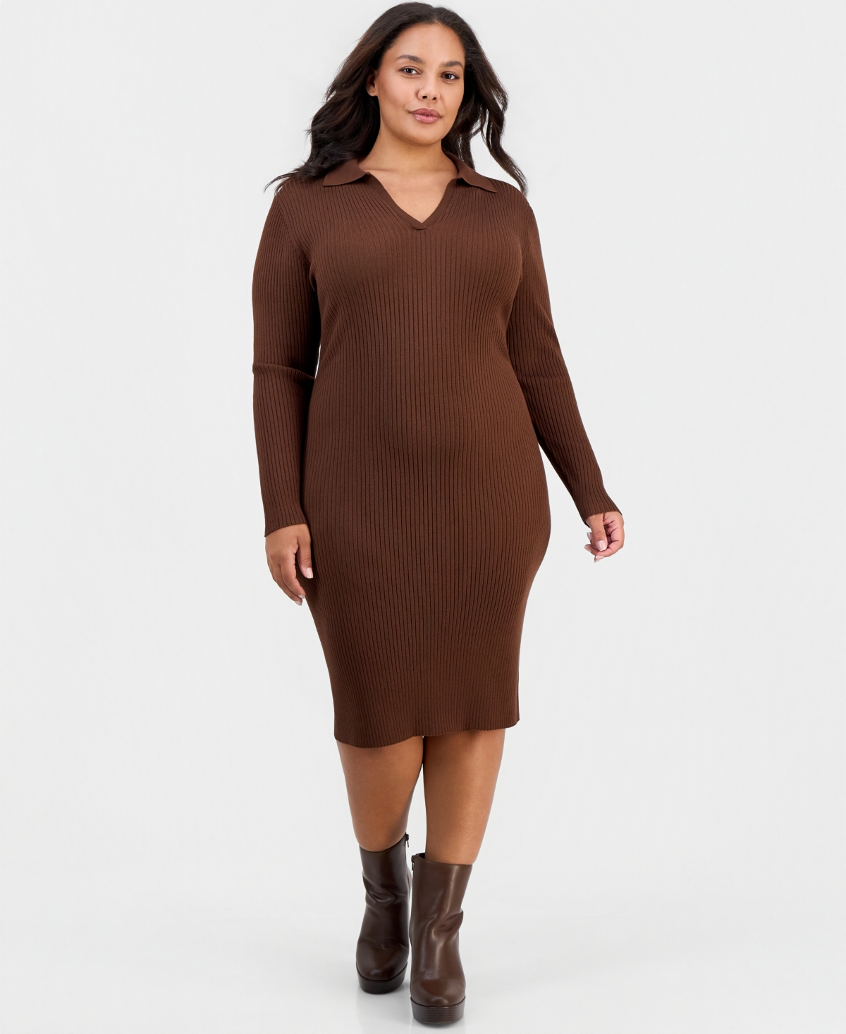 Full Circle Trends Plus Size Long-Sleeve Bodycon Polo Collar V-Neck Rayon-Polyester Blend Midi Dress - Potting Soil