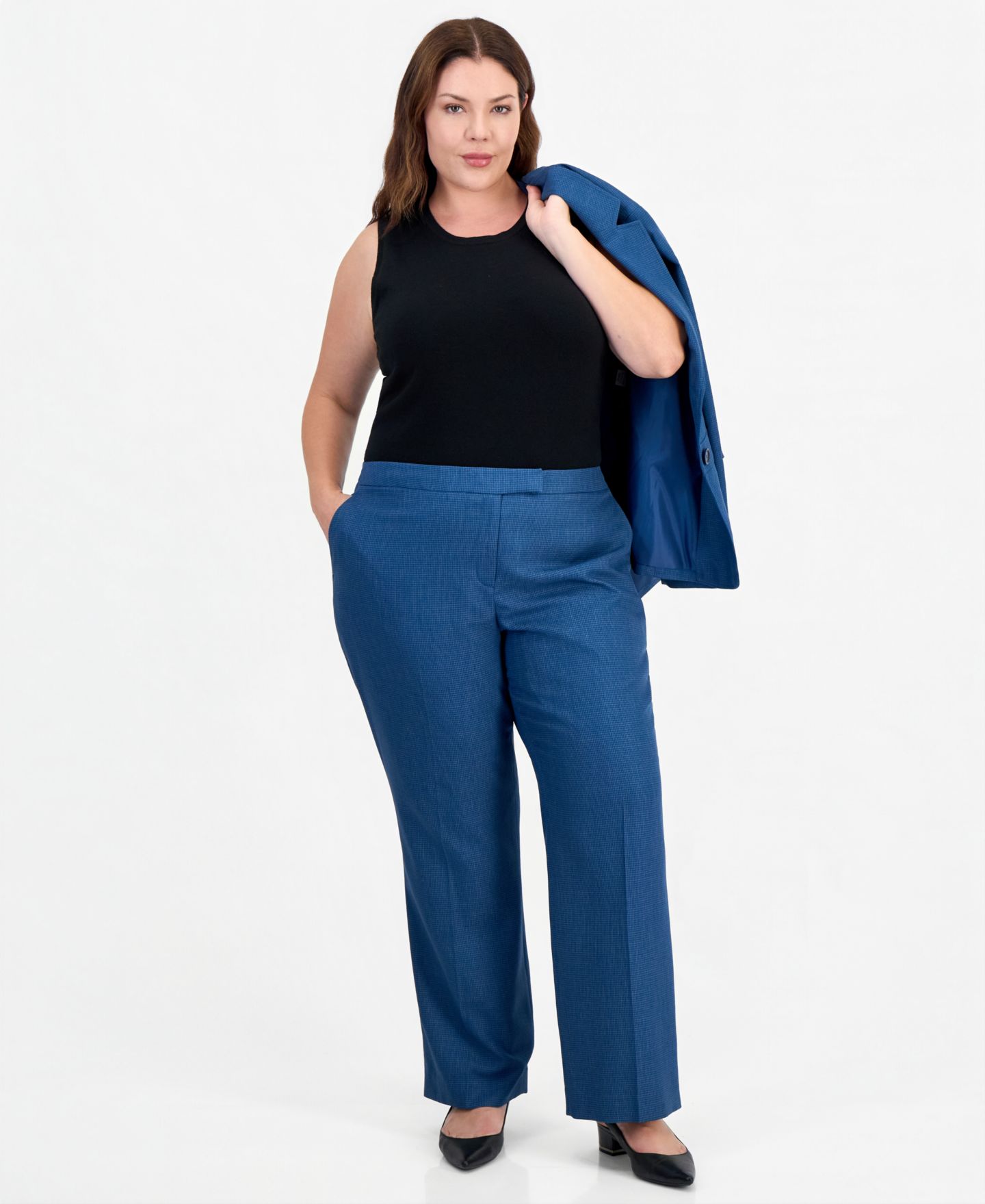 Женский комплект Le Suit Plus SizeHoundstooth Wide-Leg Classic Fit Jacket and Pants, 2-Piece Suit, цвет: Синий разноцветный — фото 3